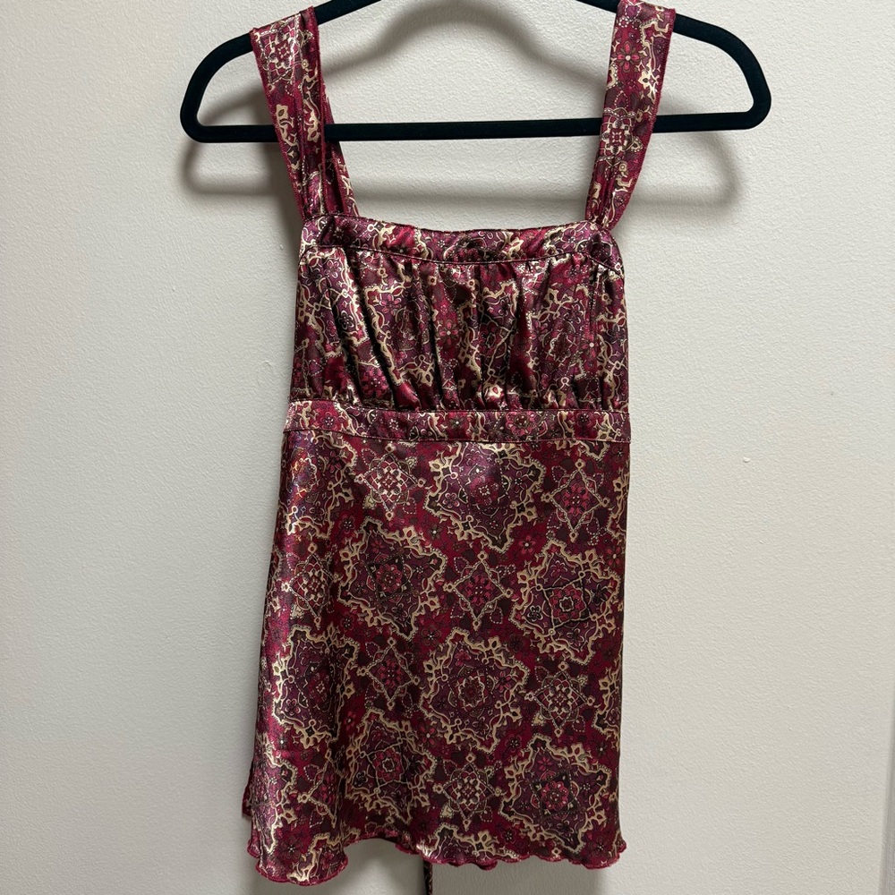 Vintage Y2K Self Esteem Satin Boho Empire Waist Tank Top Red Gold Paisley USA Lg